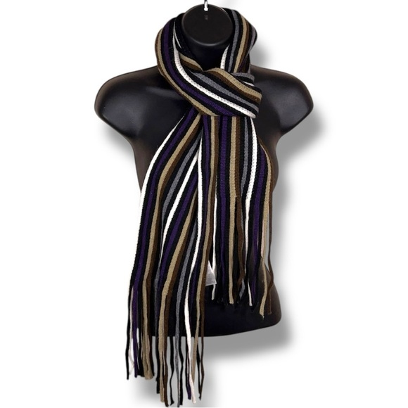 Striped Scarf With Fringe Accent Knit Womens Brown Ton Black Purple - Picture 1 of 13